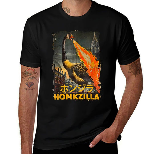 Vintage Honkzilla Silly Goose Funny Goose Meme Catzilla  Ribbed Collar T-Shirt