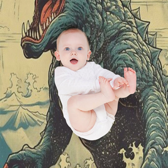 Vintage Japanese Godzilla Great Wave Plush Throw Blanket