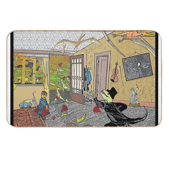 A Tuxedoed Dinosaur Helps Evict Rowdy Party-goers.  Toxin-Free Bath Mat