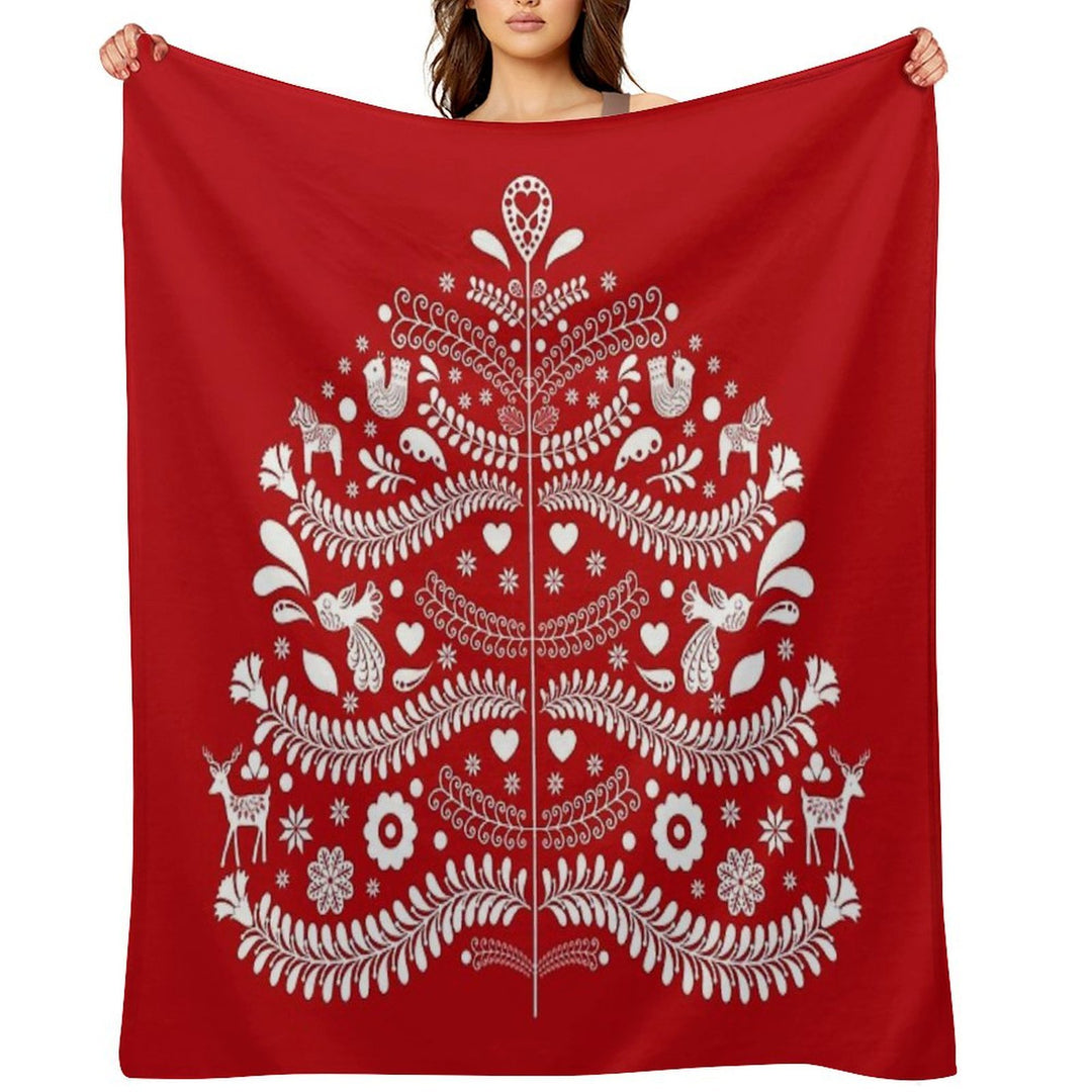 White Scandinavian Christmas Tree on Red Versatility Throw Blanket