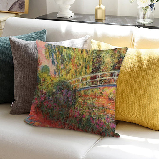 Monet The Japanese Bridge (The Water-Lily Pond, Water Irises) Soft Short Plush Fabric Throw Pillow
