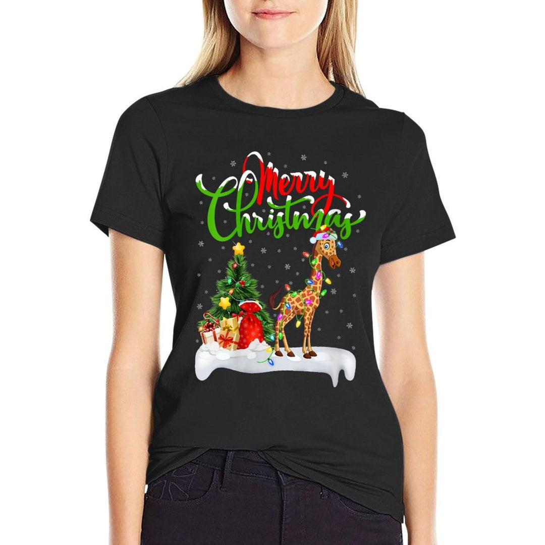 Womens Xmas Tree Lighting Santa Hat Giraffe Christmas  Rolled Sleeves T-Shirt