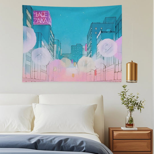 Vintage Anime City Background Tapestry