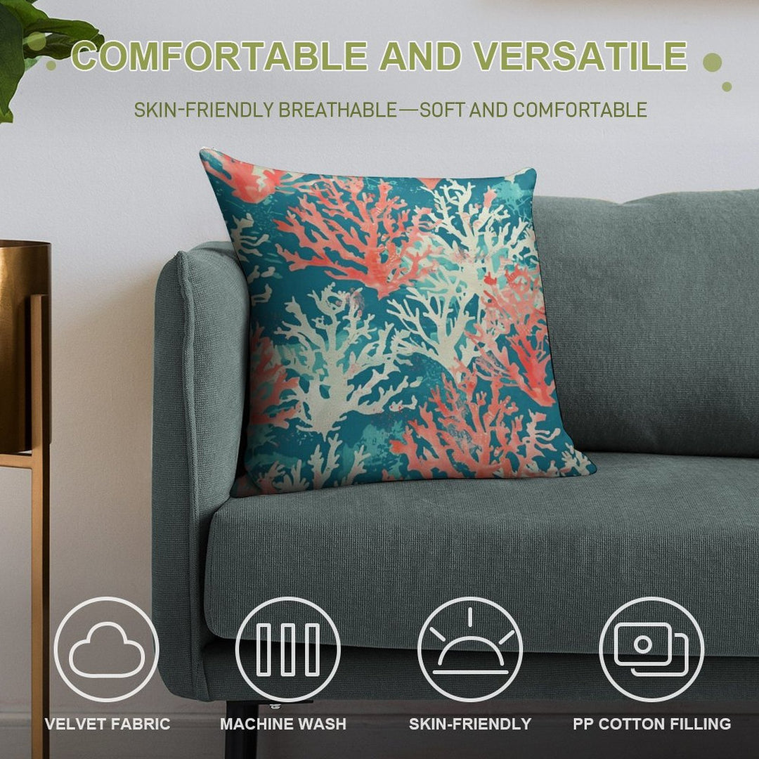 Teal Coral Reef Pattern Soft Reinforced Edging Throw Pillow