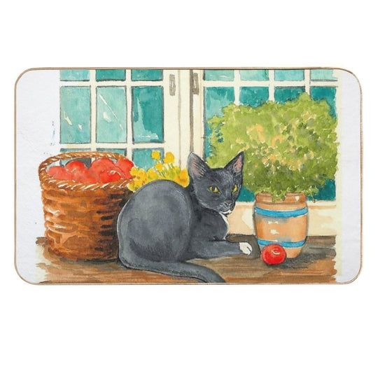 Black Cat on A Sunny Windowsill – Cozy Cottage Illustration  Fade-Resistant Bath Mat