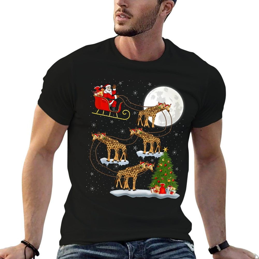 Funny Xmas Lighting Tree Santa Riding Giraffe Christmas Comfortable T-Shirt