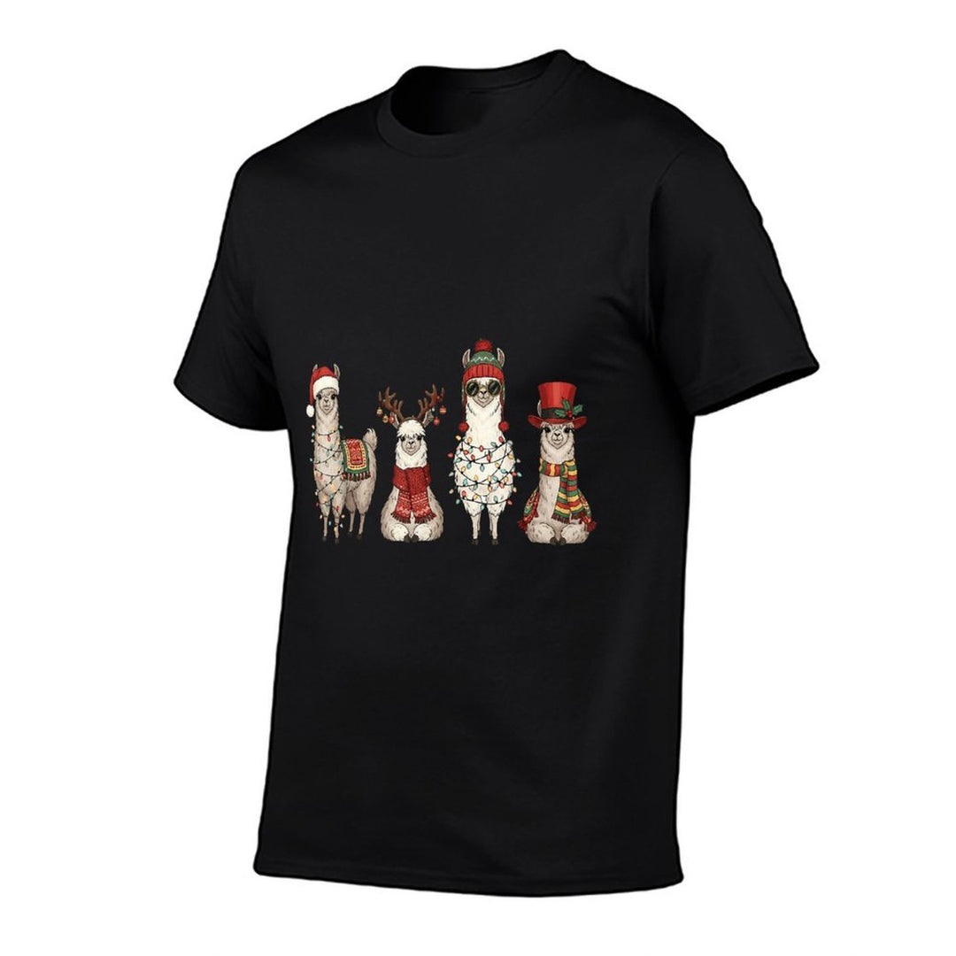 Christmas Llama Quartet Lights Santa Antlers Top Hat Scarf  Cotton T-Shirt
