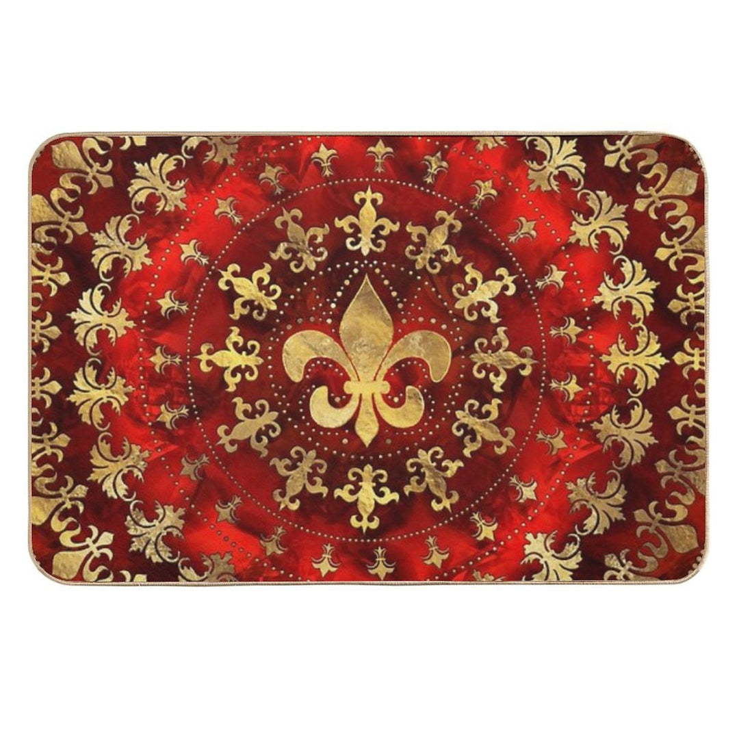 Fleur-de-lis Ornament Red Marble And Gold  Long-Lasting Bath Mat