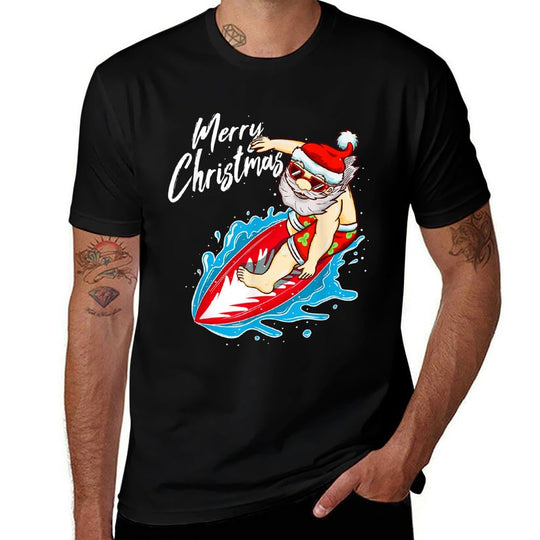 Funny Surfing Santa Claus Hawaiian Christmas Santa Surfing  Stretchy T-Shirt