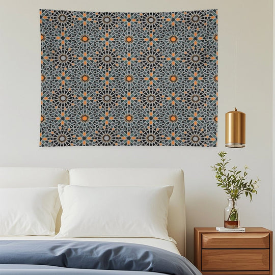 Celestial Illumination Orange Stars in Geometric Night Tapestry