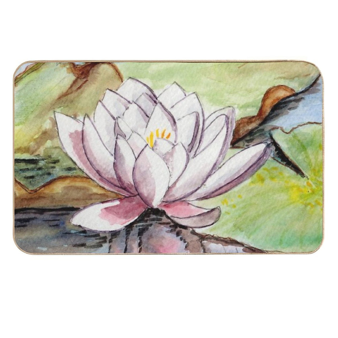 Lotus Oval Watercolor Painting  Easy To Clean Bath Mat