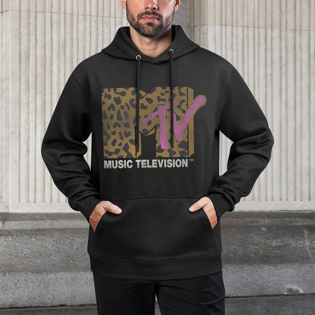 MTV Music Television Leopard Pattern Distressed Classic Logo Layering Staple Hoodie