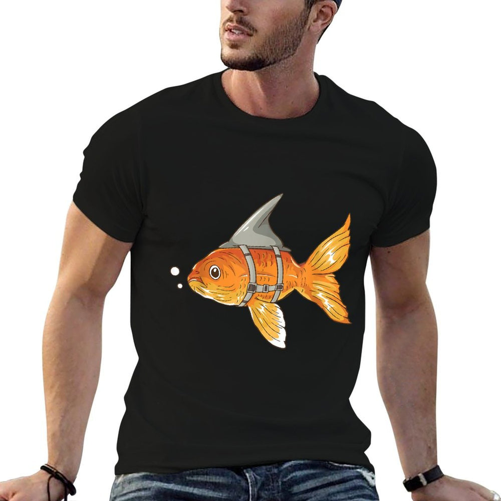 Funny Goldfish with Shark Fin Strapped - Aquarium Koi Carb  Rolled Sleeves T-Shirt