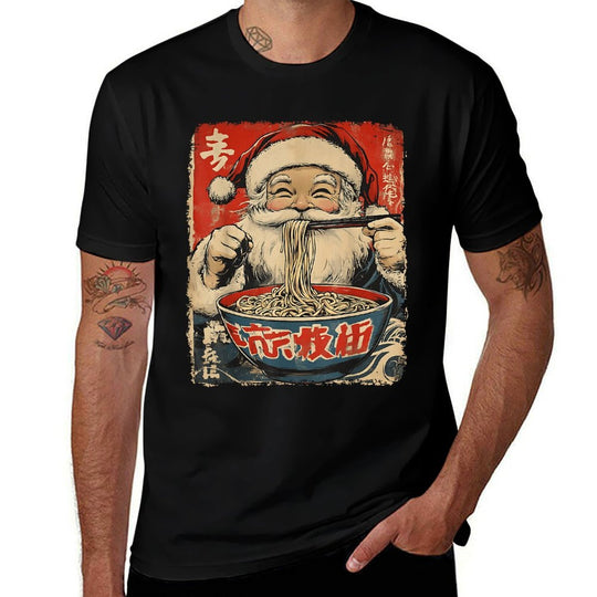 Santa Eating Ramen Noodles Ukiyo-e Inspired Christmas Pajama  Easy-care T-Shirt