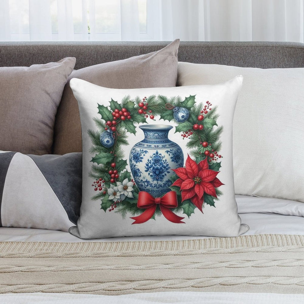 Chinoiserie Christmas Wreath with Blue White Porcelain Ginger Jar Soft Luxury Feel Throw Pillow