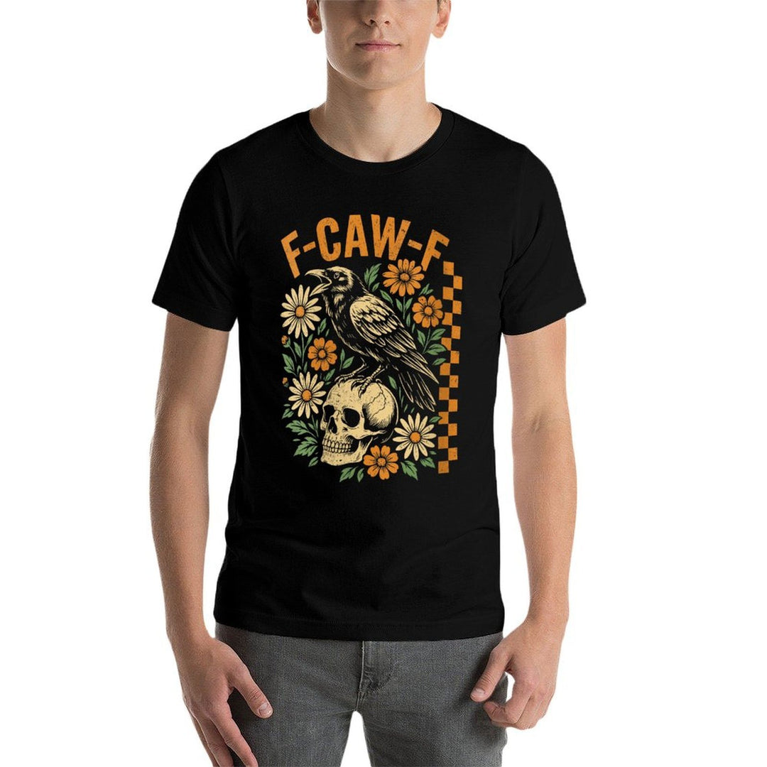 Womens Retro Black Crow F-Caw-F Black Bird Skull Floral Halloween  Graphic-printed T-Shirt