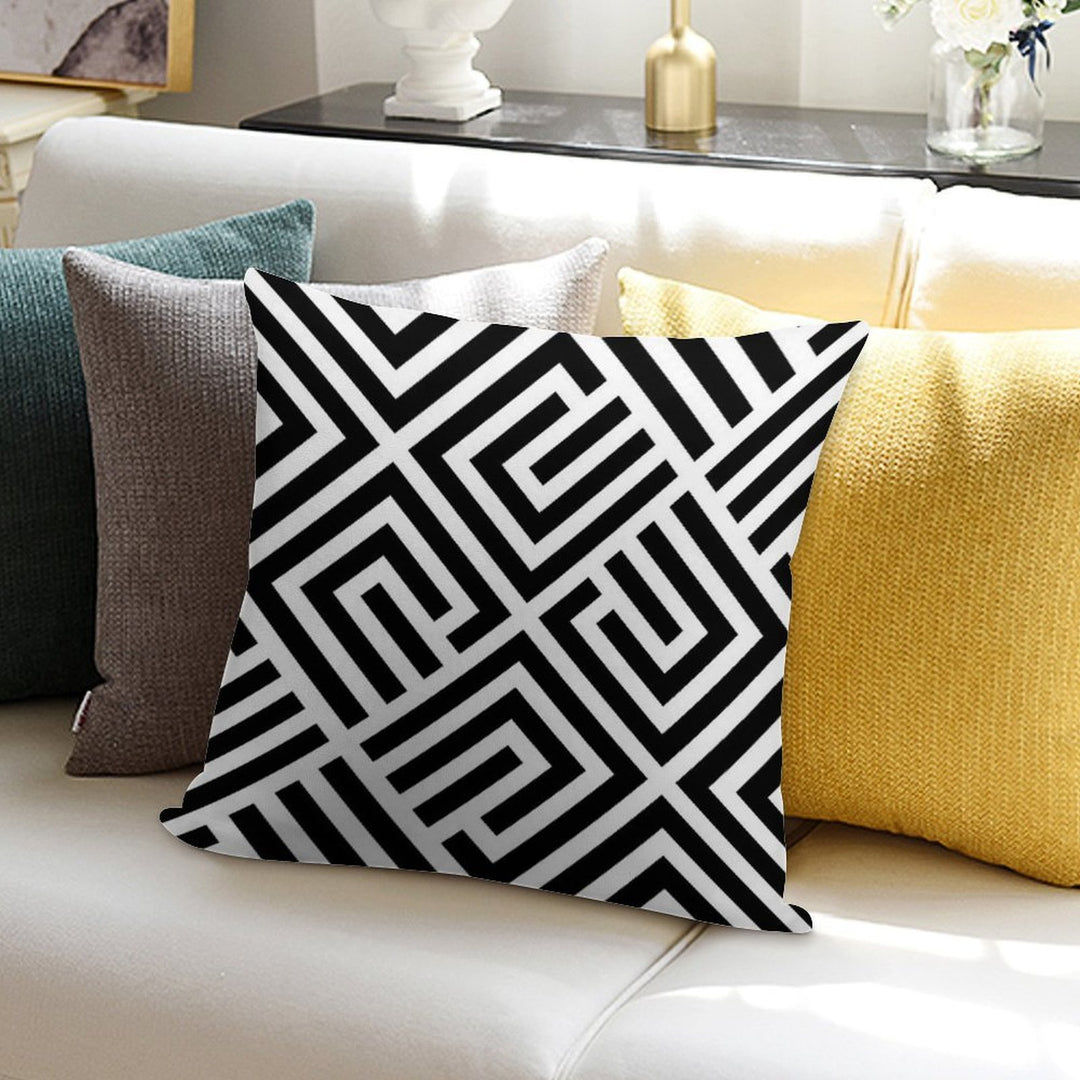 LABYRINTH TILES PATTERN BLACK AND WHITE, BY SUBGIRL Soft Short Plush Fabric Throw Pillow