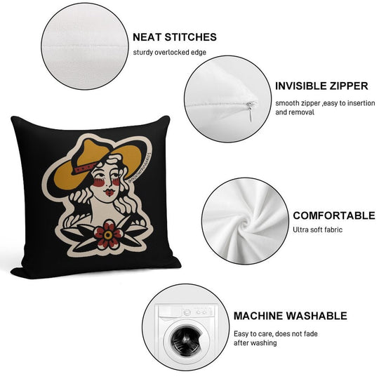 Traditional Cowgirl Tattoo Flash Soft Reinforced Edging Throw Pillow