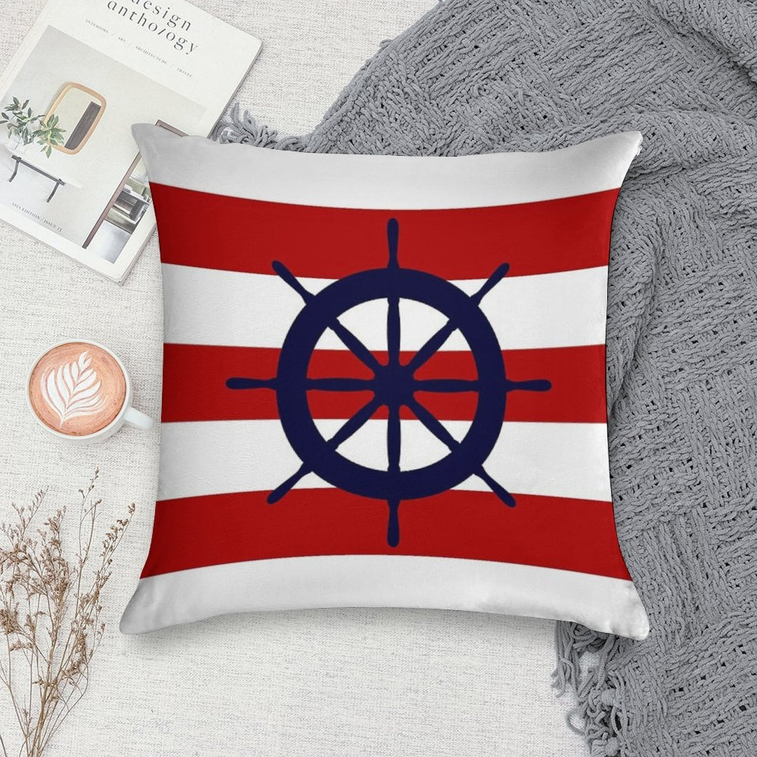Nautical Navy Blue Ship's Steering Wheel On Red Stripes Soft Fade-Resistant Throw Pillow