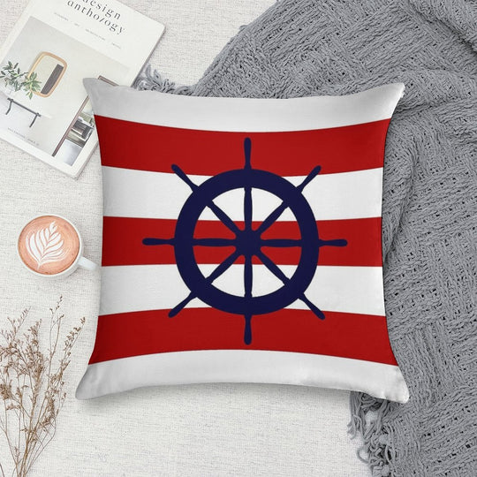 Nautical Navy Blue Ship's Steering Wheel On Red Stripes Soft Fade-Resistant Throw Pillow
