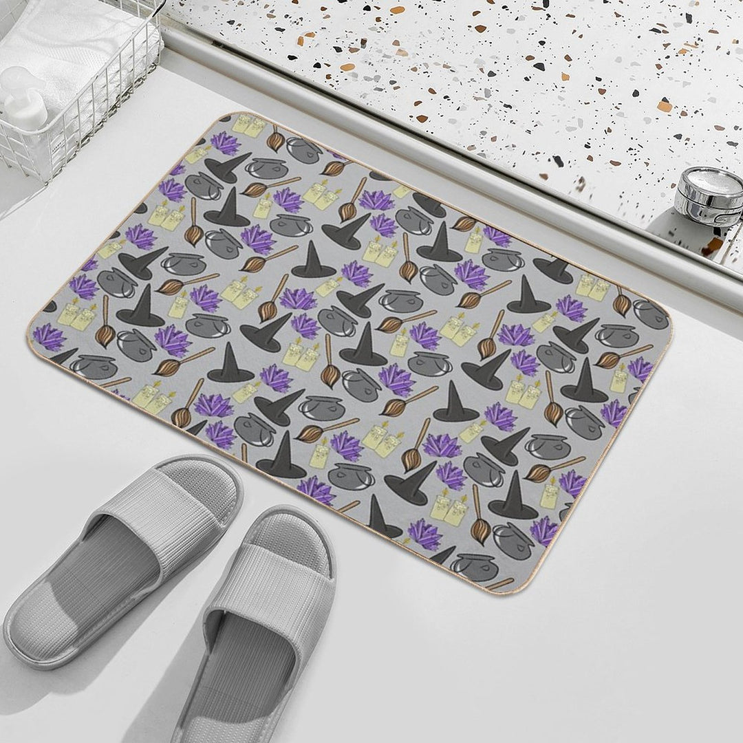 Hand Drawn Spooky Cauldrons,Broomsticks,Candles, And Witches Hat Cartoon Doodles Pattern, Made by EndlessEmporium Durable Bath Mat