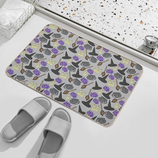 Hand Drawn Spooky Cauldrons,Broomsticks,Candles, And Witches Hat Cartoon Doodles Pattern, Made by EndlessEmporium Durable Bath Mat