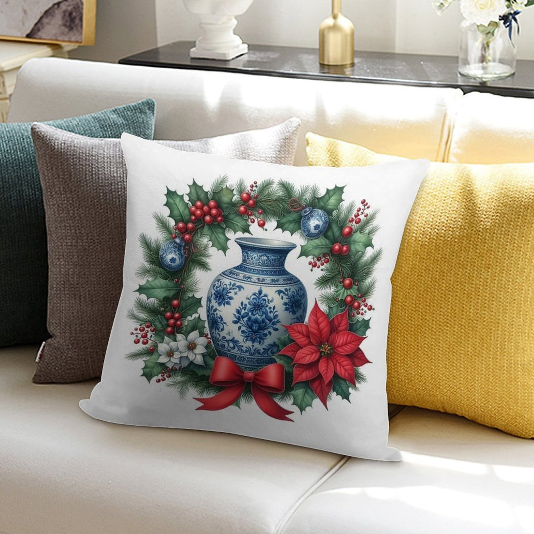 Chinoiserie Christmas Wreath with Blue White Porcelain Ginger Jar Soft Luxury Feel Throw Pillow
