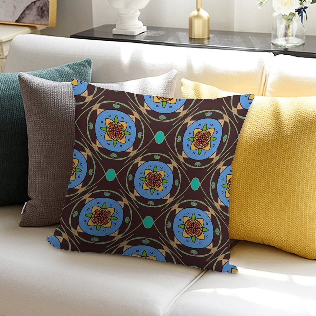 Grannie’s Tile (Bold Folk Art Floral Mandala Pattern, Retro Stained Glass Style) Soft Decorative Cover Throw Pillow