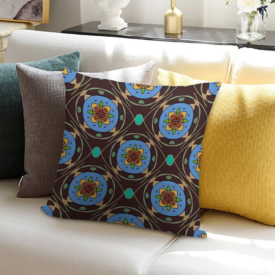 Grannie’s Tile (Bold Folk Art Floral Mandala Pattern, Retro Stained Glass Style) Soft Decorative Cover Throw Pillow