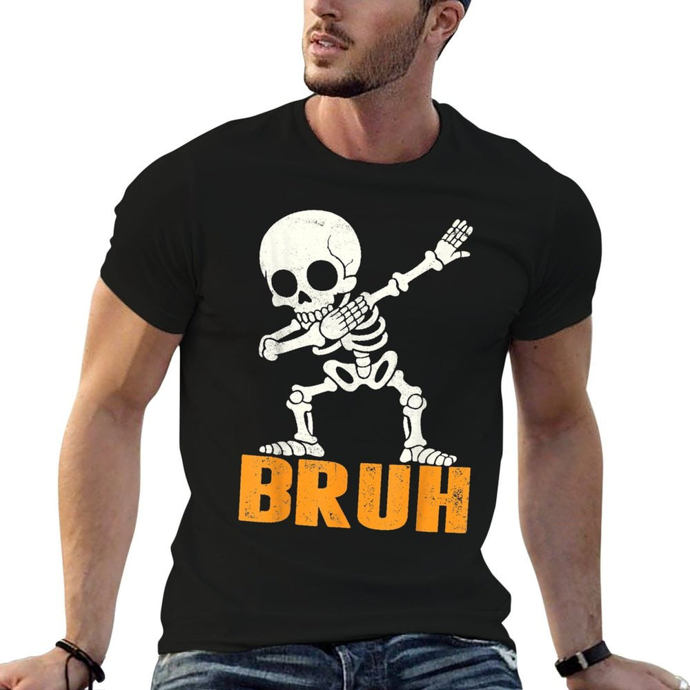Bruh Dabbing Skeleton Funny Saying Bro Kids Boys Halloween  Durable T-Shirt
