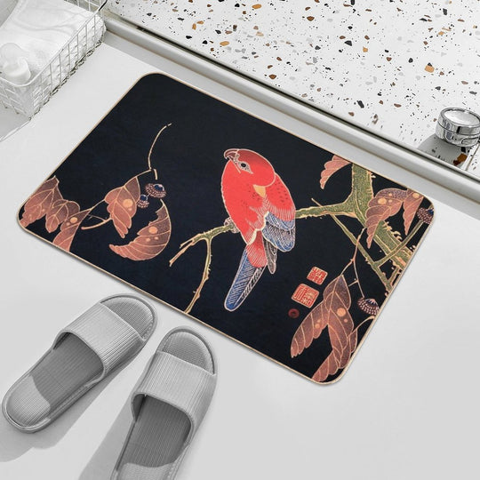 Ito Jakuchu - Red Parrot on The Branch of A Tree  Absorbent Bath Mat