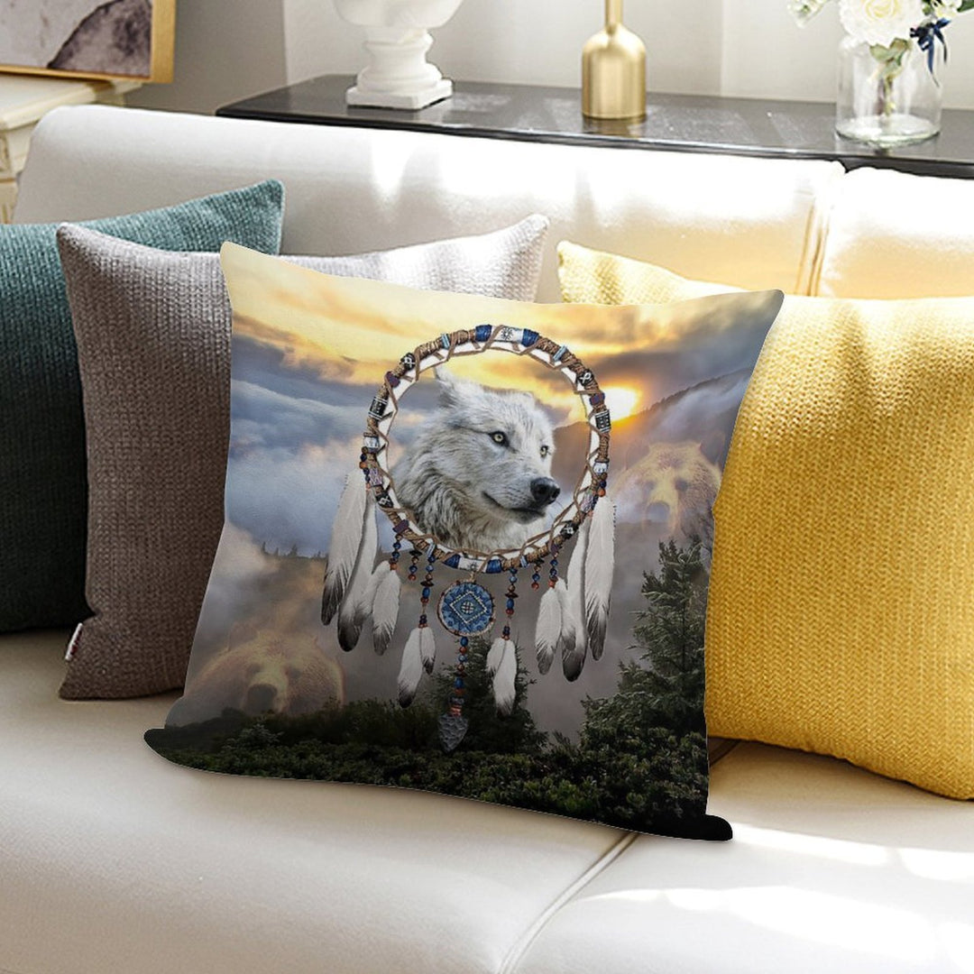 Wolf, Bear And Dream Catcher Soft High-Density Material Throw Pillow