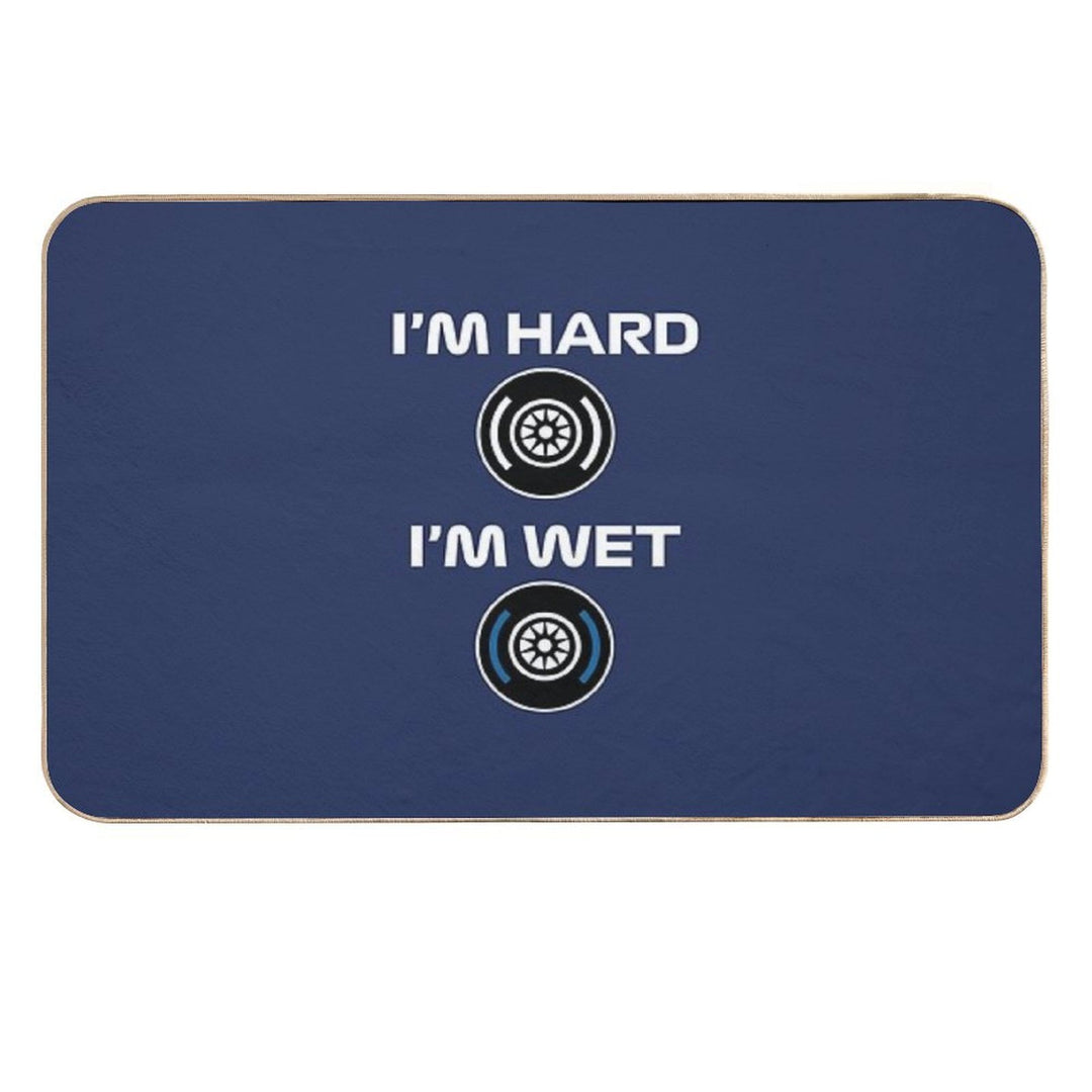 Funny Design I'm HardI'm Wet (Racing Tyres Design - WhiteNavy BG)  Easy Maintenance Bath Mat