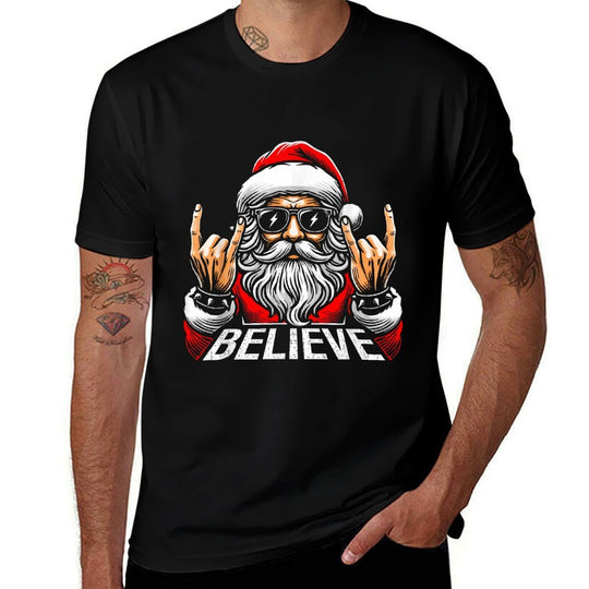 Christmas Believe Santa Claus Face Hat Christmas Xmas Funny  Oversized Silhouette T-Shirt