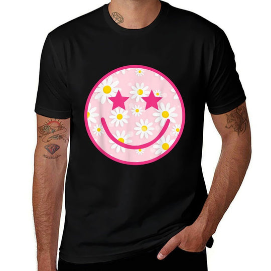 Funny Pink Happy Face Daisy Flower Smile Face Trendy  Stretchy T-Shirt