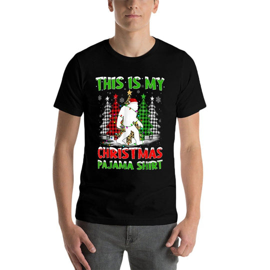 This Is My Pajama Bigfoot Xmas Tree Plaid Christmas  Rolled Sleeves T-Shirt