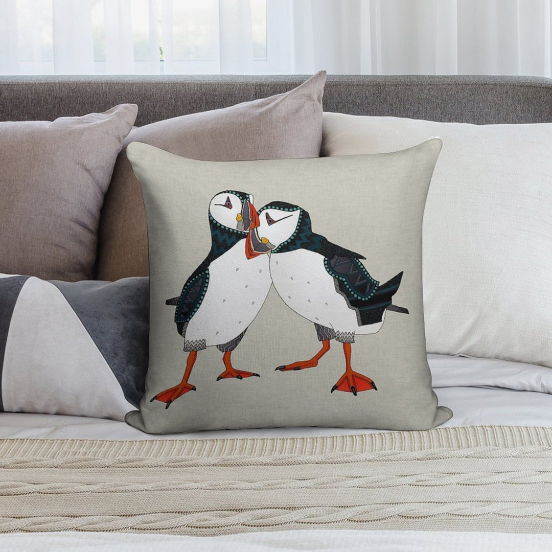 Puffin Pair Warm Grey Soft Decorative Cover Throw Pillow