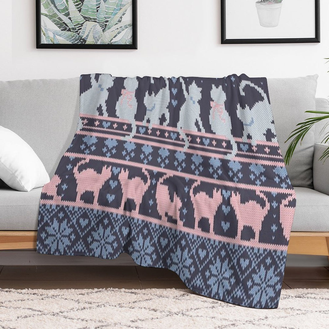 Fair Isle Knitting Cats Love  Dark Violet Background White And Violet Kitties And Details Quick-dry Throw Blanket