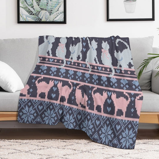 Fair Isle Knitting Cats Love  Dark Violet Background White And Violet Kitties And Details Quick-dry Throw Blanket