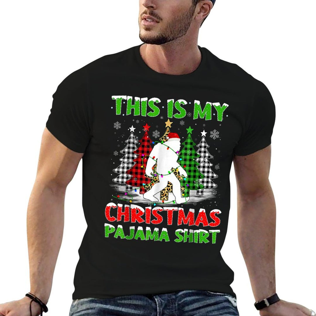This Is My Pajama Bigfoot Xmas Tree Plaid Christmas  Rolled Sleeves T-Shirt