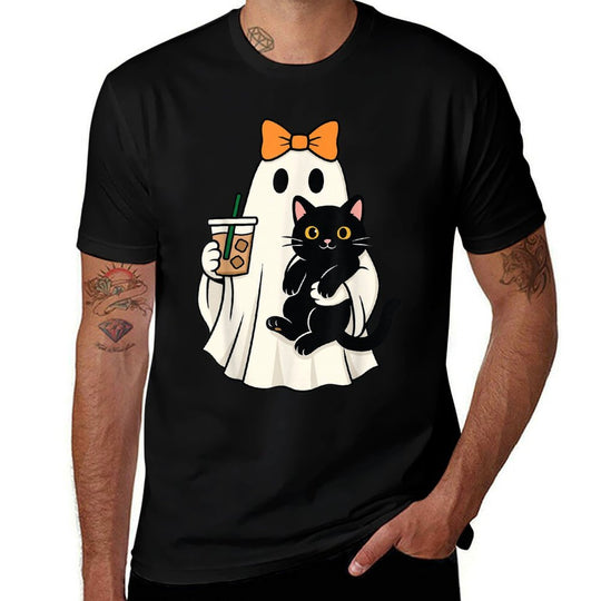 Cute Halloween Cat Ghost Drinking Coffee Ghost Women Girls  Graphic-printed T-Shirt