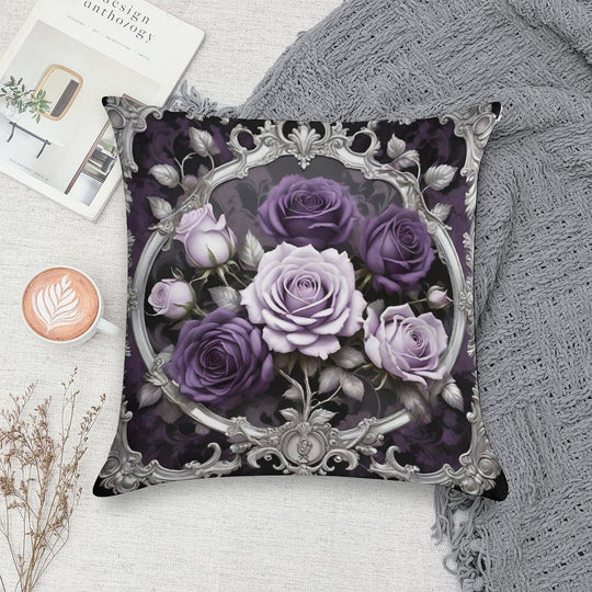 Matte Lilac & Purple Roses With Silver Rococo Soft Luxury Feel Throw Pillow