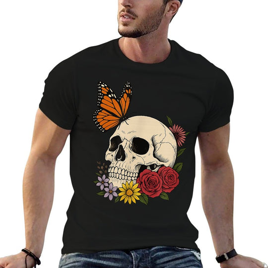 Skulls Monarch Butterfly Flowers Halloween Men Women  Classic T-Shirt