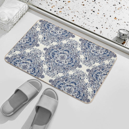 Floral Diamond Doodle in Dark Blue And Cream  Absorbent Bath Mat