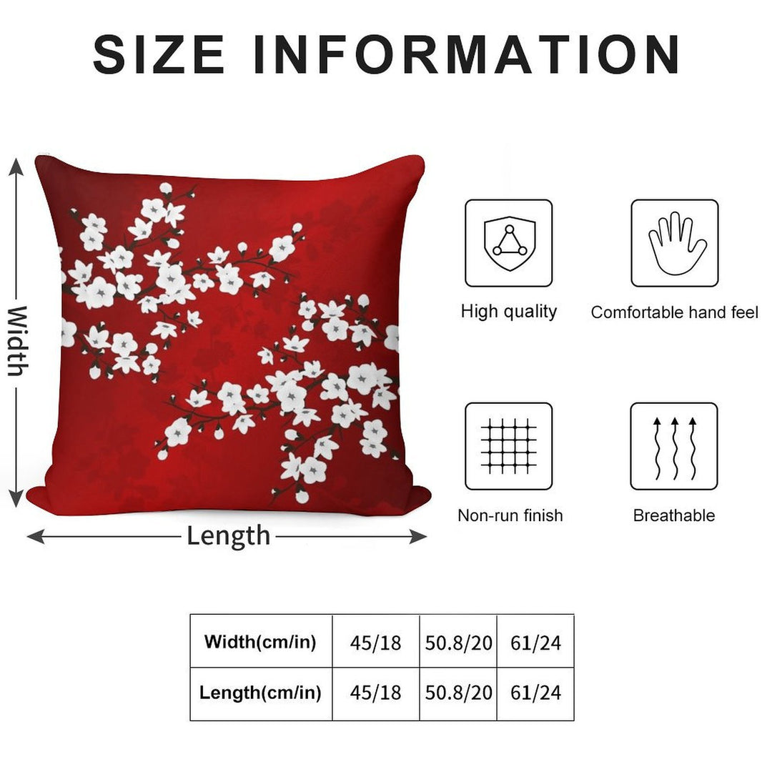 Cherry Blossom Red White Asia Floral Soft Short Plush Fabric Throw Pillow