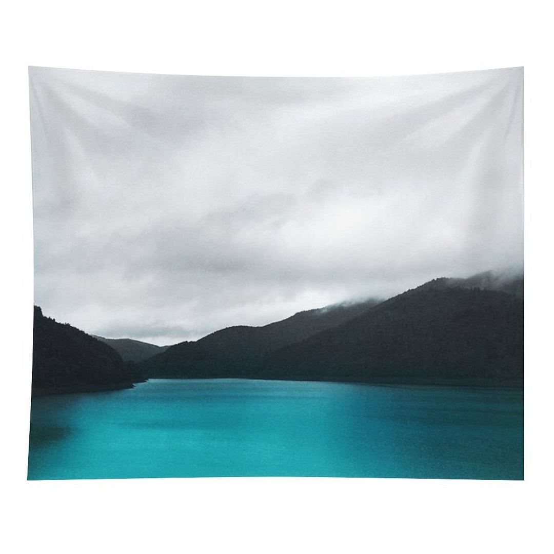 The Waters And The Wild  Vintage Retro Glowing Wilderness Mountain Lake With Cascadia Trees Covered In Fog Tapestry