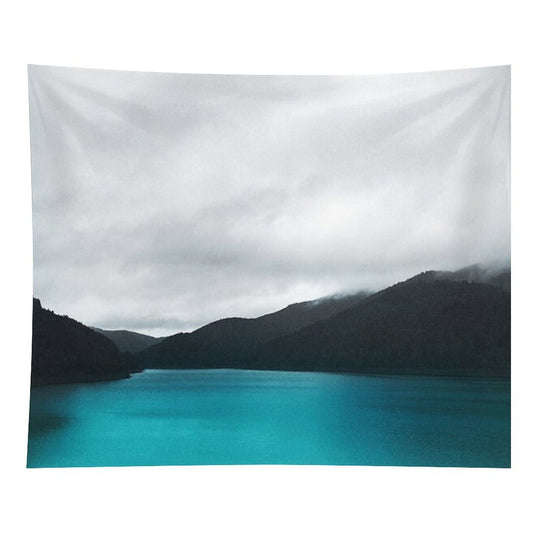 The Waters And The Wild  Vintage Retro Glowing Wilderness Mountain Lake With Cascadia Trees Covered In Fog Tapestry