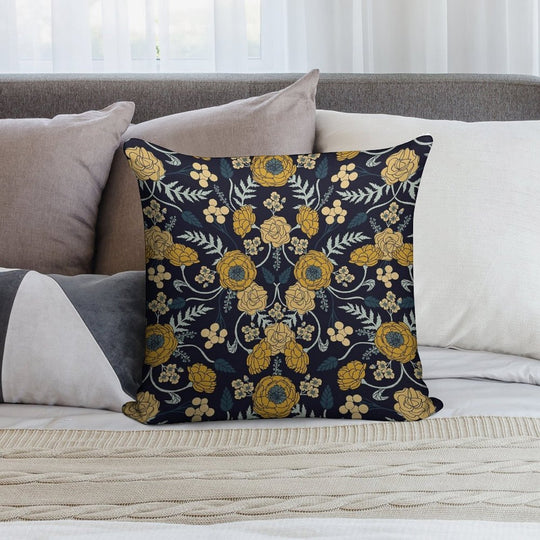 Navy Blue, Turquoise, Cream & Mustard Yellow Dark Floral Pattern Soft Luxury Feel Throw Pillow