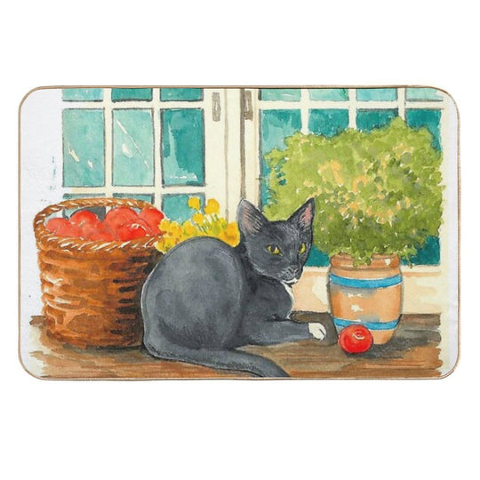 Black Cat on A Sunny Windowsill – Cozy Cottage Illustration  Fade-Resistant Bath Mat