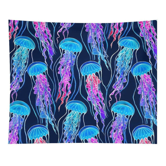 Luminescent Rainbow Jellyfish on Navy Blue Tapestry